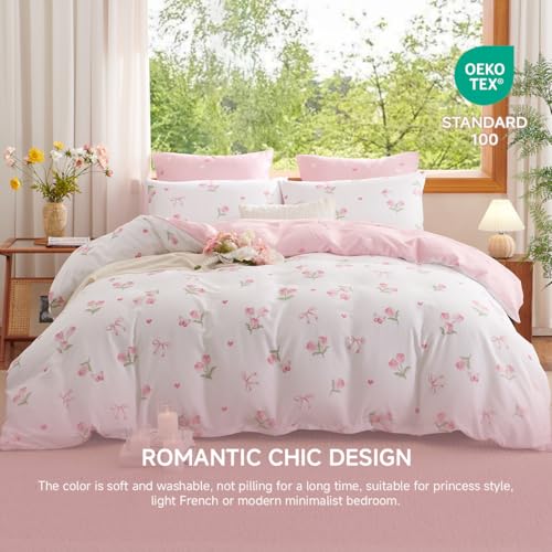Image of Floral Duvet Cover Set Twin Size,Pink Tulip Bow Ties Reversible Bedding Set with Heart Pattern for Girls Kids,Romantic Microfiber Comforter Cover 2Pcs with Zipper Closure and 1 Pillowcase