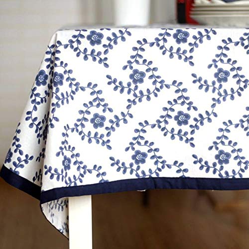 Nappe fleurs et feuilles rectangulaire coton bleu blanc 140x220