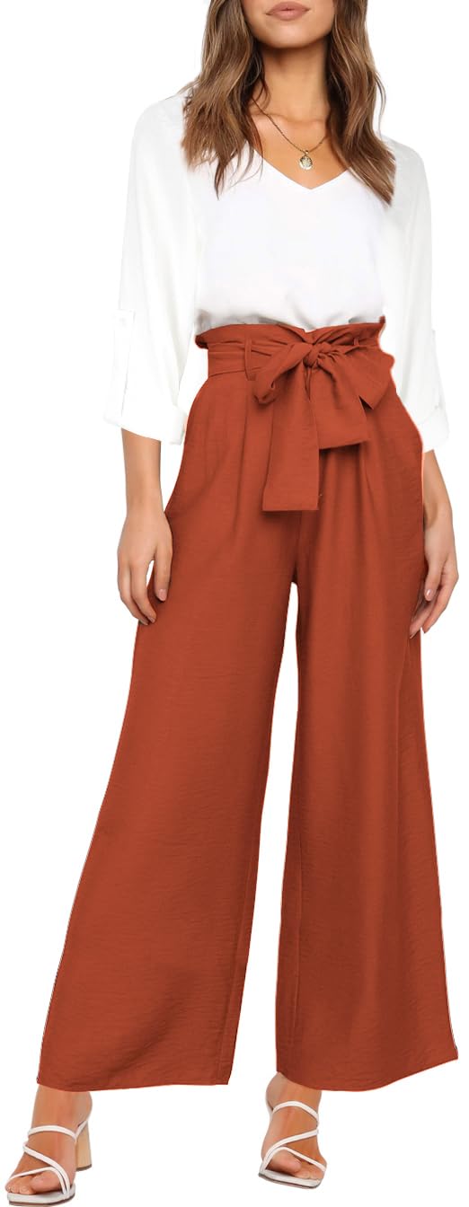 FANCYINN Completo da donna in 2 pezzi, con scollo a V, maniche lunghe, pantaloni a vita alta con cintura, B-orange Pantaloni & Bianco Maniche Lunghe Top, Large
