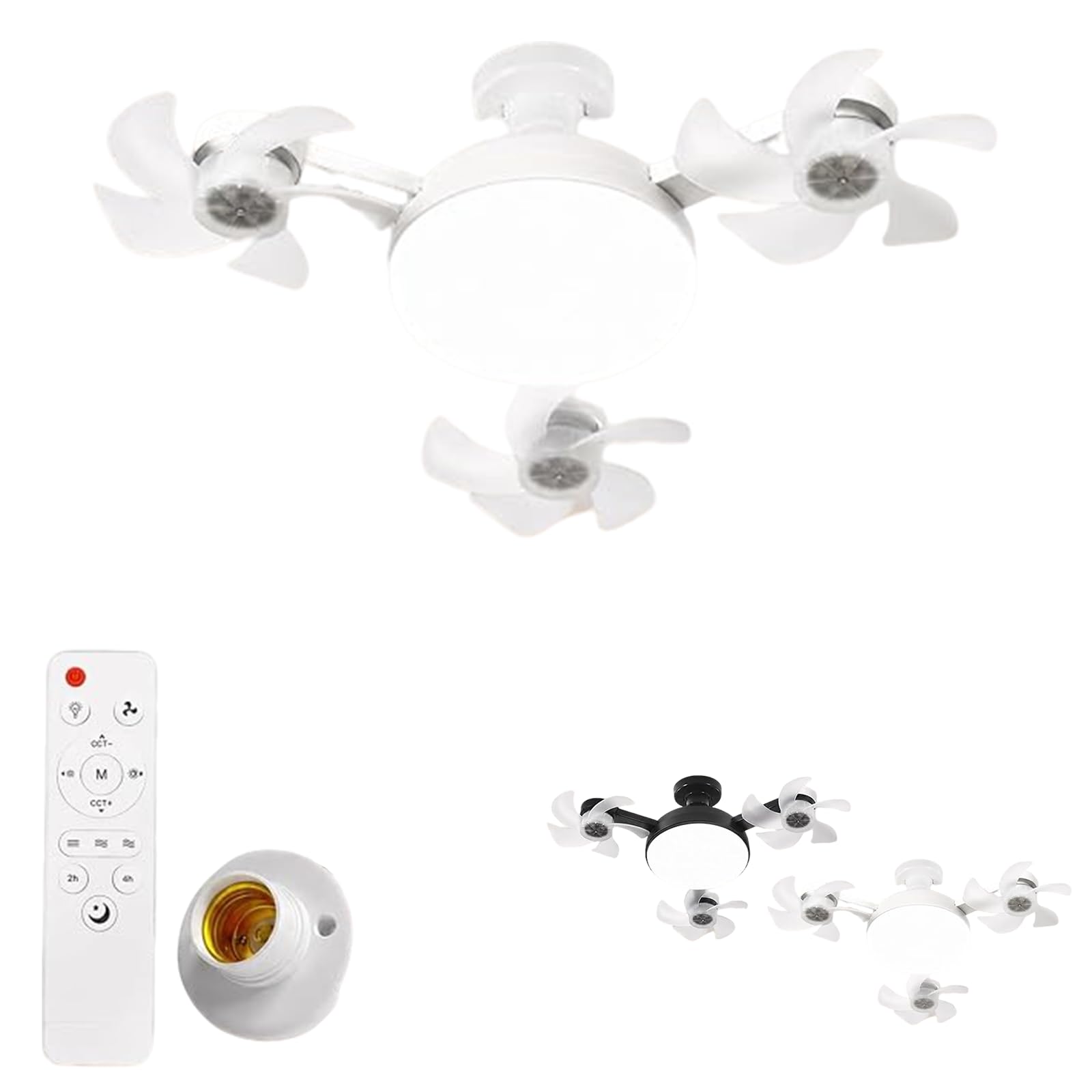 E27 Screw in Ceiling Fan in Light Socket Led Drone Ceiling Fan Light with Remote Dimmable Timing Socket Light Bulb Fans Silent Plug in Lamp Fans for Bedroom (# White, 3 Heads)