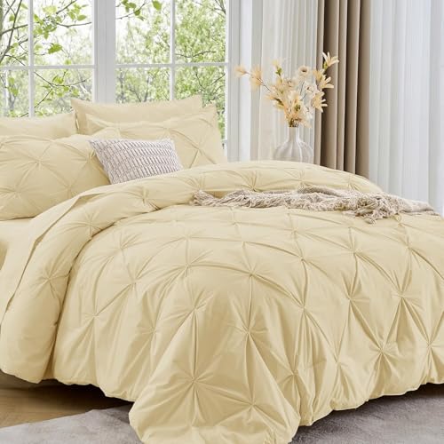 Image of Sasttie Queen Comforter Set, 7-Piece Bed in a Bag, Pintuck Bedding Sets for All Season, Includes Comforter, Flat Sheet, Fitted Sheet, Pillowcases and Pillowshams, Pale Yellow