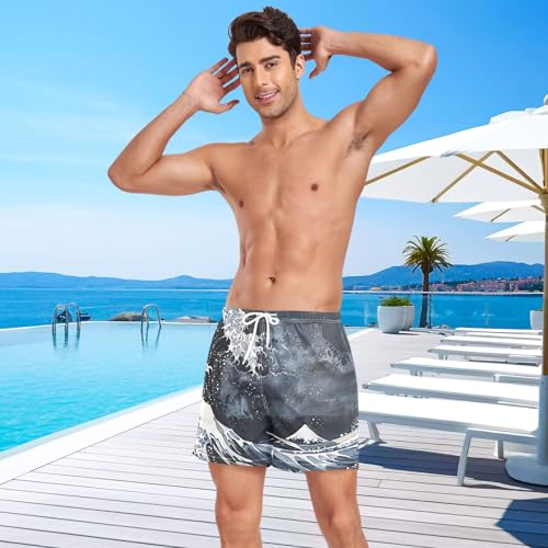 Mens Swim Trunks with Liner, Vintage Japanese Waves Cool Quick Dry Beach Swim Shorts, Swimwear Bathing Suits S4