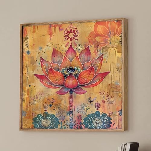 Image of Floral Vastu Lotus Framed Canvas Wall Art Painting for Living Room | Bohemian Botanical Artwork Painting with Frame | Modern Decorative Wall Decor for Home, Bedroom & Office, 23x23 Inch