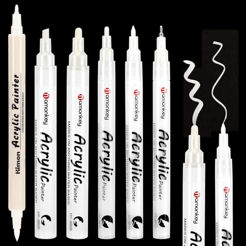 DenFatory Lot de 6 marqueurs blancs, marqueurs acryliques à double extrémité, feutres fins imperméables à séchage rapide, stylos pour tissus acryliques, adaptés au bois, aux textiles, etc
