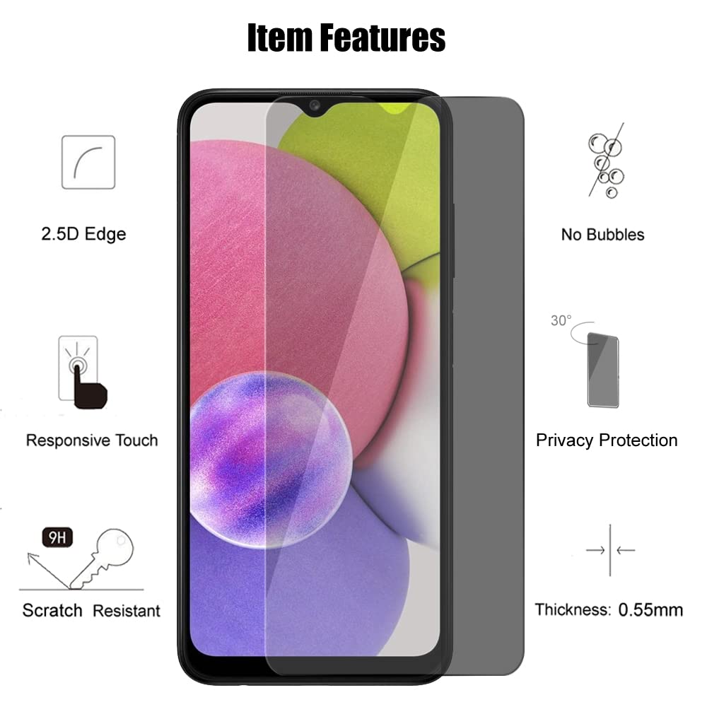(3+3) Protector de pantalla de privacidad para Samsung Galaxy A03s (paquete de 3) película de vidrio templado privado antiespía y (3 unidades) Protector de lente de cámara, dureza 9H, 2.5D