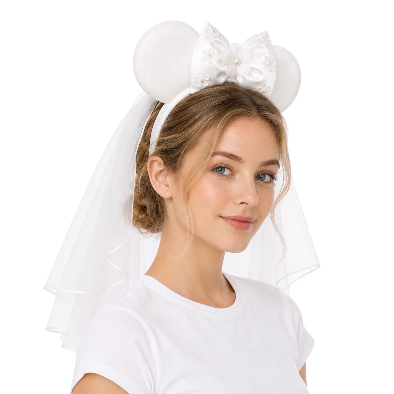 Maus-Ohr-Stirnband mit Brautschleier, Flitterwochen, Hochzeitsohren, Junggesellinnenabschied, Kopfschmuck für Frauen und Mädchen