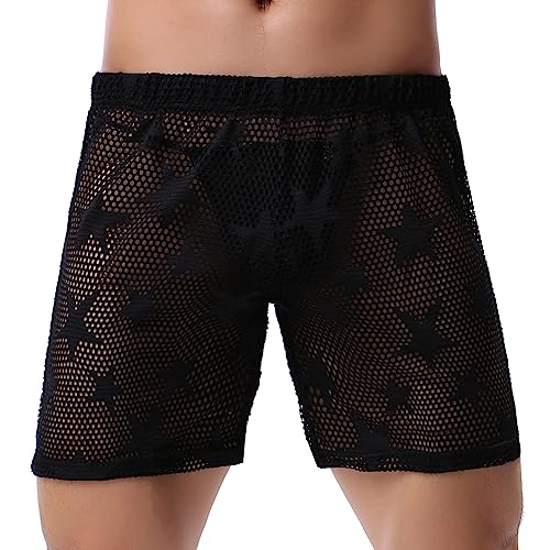 Evankin Mens Sexy Star Mesh Shorts See Through Fishnet Loose Shorts Sheer Lounge Underwear Boxer Trunks