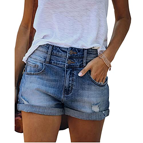Bichingda Lässige Denim-Shorts für Damen, hohe Taille, ausgefranster...