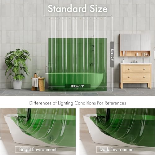 Image of AmazerBath 100% EVA Shower Curtain Liner, 72 x 72 Inches Heavy Duty Shower Curtain and Liner 2-in-1 with 3 Clear Stones and 12 Brass Grommets, Color Block Soft Shower Liner - Clear & Pine Green