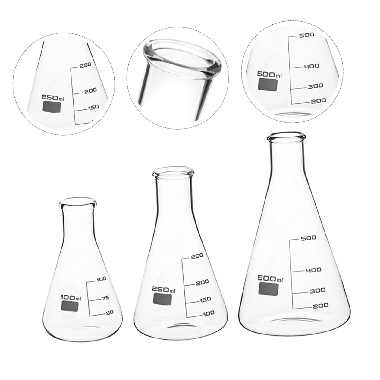 Anneome Juego de 3 Matraces Cónicos de Vidrio Borosilicato Alto | 100 Ml, 250ml y 500ml, Graduaciones Estándar, Fondo Plano para Laboratorio E Investigación