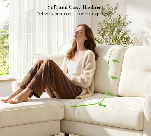 Image of Kidirect Small Sectional Couch, 69 inch L Shaped Couch, Sectional Sofa, White | Comfy Velvet Couch, Tool-Free Setup, 750lb Max Load, Movable Ottoman, Ideal for Living Room, Bedroom, Apartment, Office