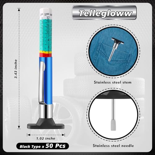 Image of Tellegloww 50 Packs Tire Tread Depth Gauge Color Coded Tyre Depth Gauge Tool Tread Accurate Measure Tools Metric Gauges for Car Trucks Various Vehicle(Blue)