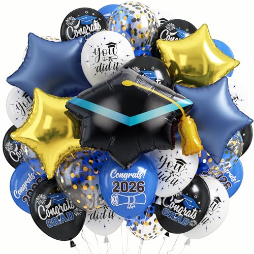 Image of Graduation Balloons for Class of 2026 Decorations Royal Blue Black Gold Silver Confetti Latex Balloons Helium Graduation Hat Balloon Metallic Blue Gold Star Foil College Grad Party Decor Supplies