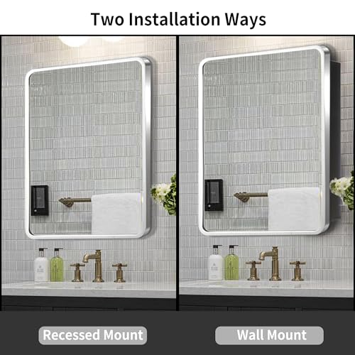 Image of Movo 24x30 Inch Black Metal Framed Bathroom Mirror Medicine Cabinet Rectangle Tilting Beveled Vanity Mirrors Recess or Surface Mount Installation Chrome