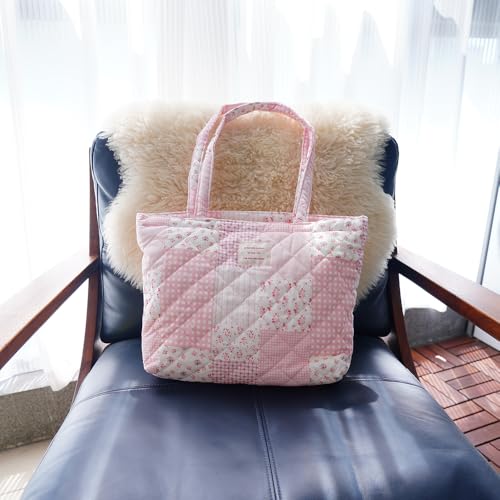 Image of Floral Quilted Cotton Shoulder Bag for Women Daily Use Medium Size Handbag Large Capacity Thickened Design Tote