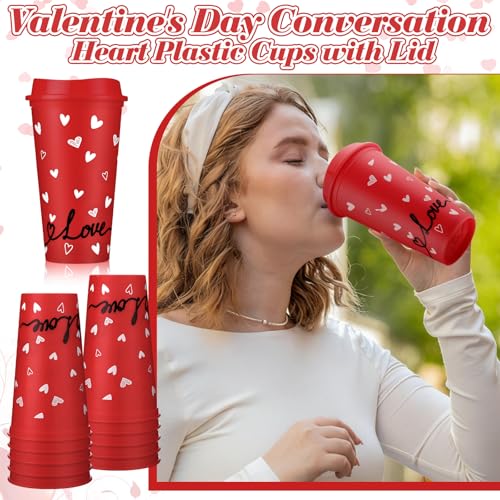 Bokon 12 Pcs Valentine Coffee Cups with Lids Heart Love Cups 16oz Valentine Party Favors Reusable Red Plastic Tumbler for Women Galentine's Party Decor Supplies Gifts by Bokon - Image 5