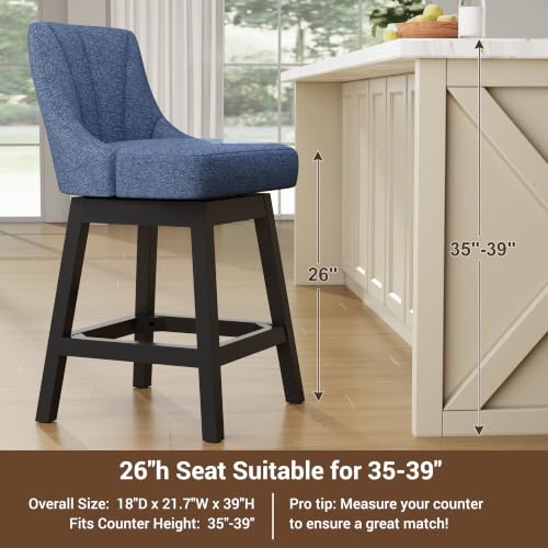 Image of YaFiti 26 inch Fabric Swivel Bar Stool 1 pcs with Back & Wood Leg, Navy Blue | Linen Fabric, Extra Upholstered Seat, Counter Stool, Square Solid Wood Legs, with Backrest & Footrest, for Kitchen Island Bar