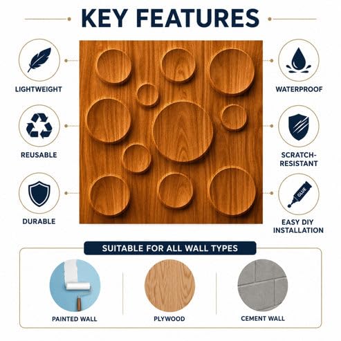 Image of Kayra Decor 3D PVC Wall Panels for Bedroom & Living Room | Moon Design | Teak Wood Color | 19.7 x 19.7 Inch | Pack of 18 | 42.48 Sq Ft