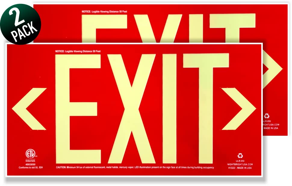 NightBright USA Photoluminescent Exit Sign Red - Pack of 2 - Aluminum - UL 924 Code Approved / IBC / NFPA 101…