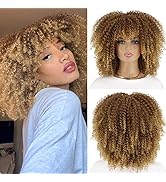 LINGHANG Blonde Curly Afro Wigs for Black Women, Blonde Kinky Curly Wig With Bangs, Synthetic Hea...