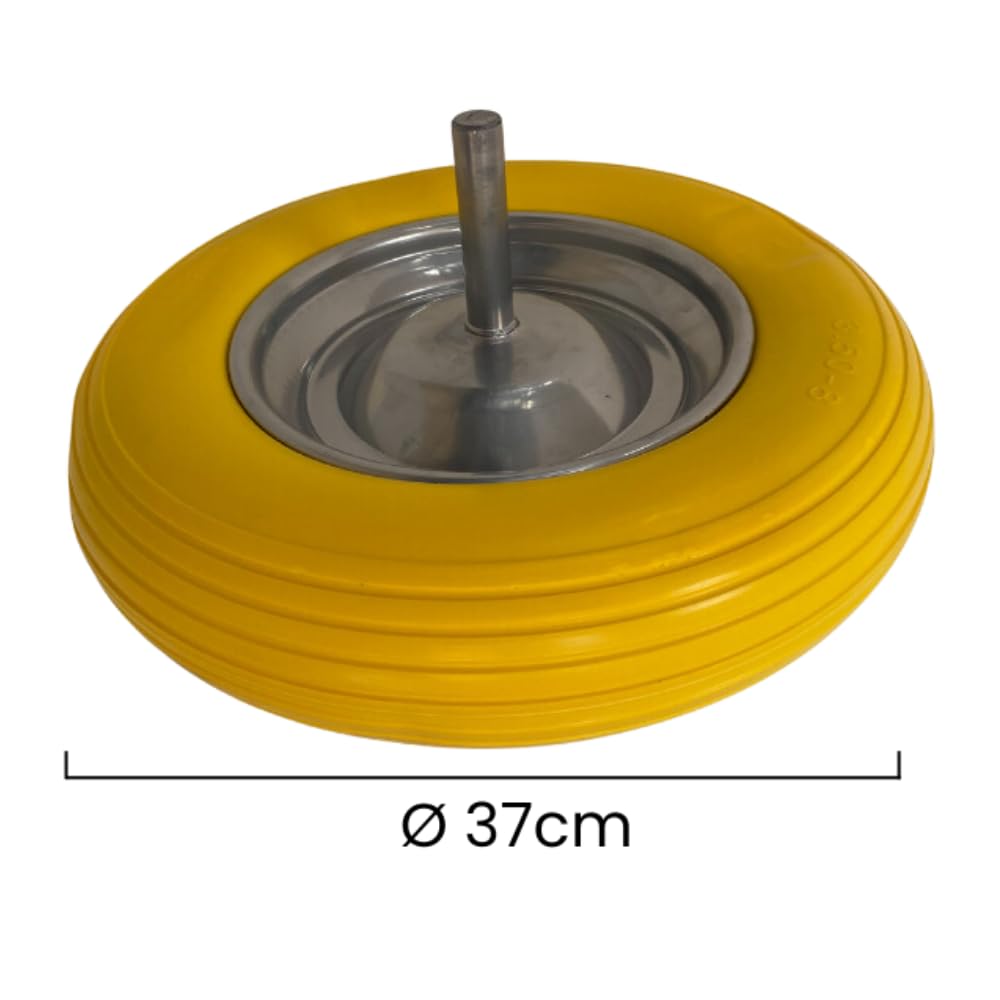 KEROPPA Rueda Maciza para Carretilla, Eje 1,9 cm, Con Llanta y Eje Metálico, Rueda Anti Pinchazos, Caucho, Diámetro de 37 cm, Resistente, Duradera, Amarillo