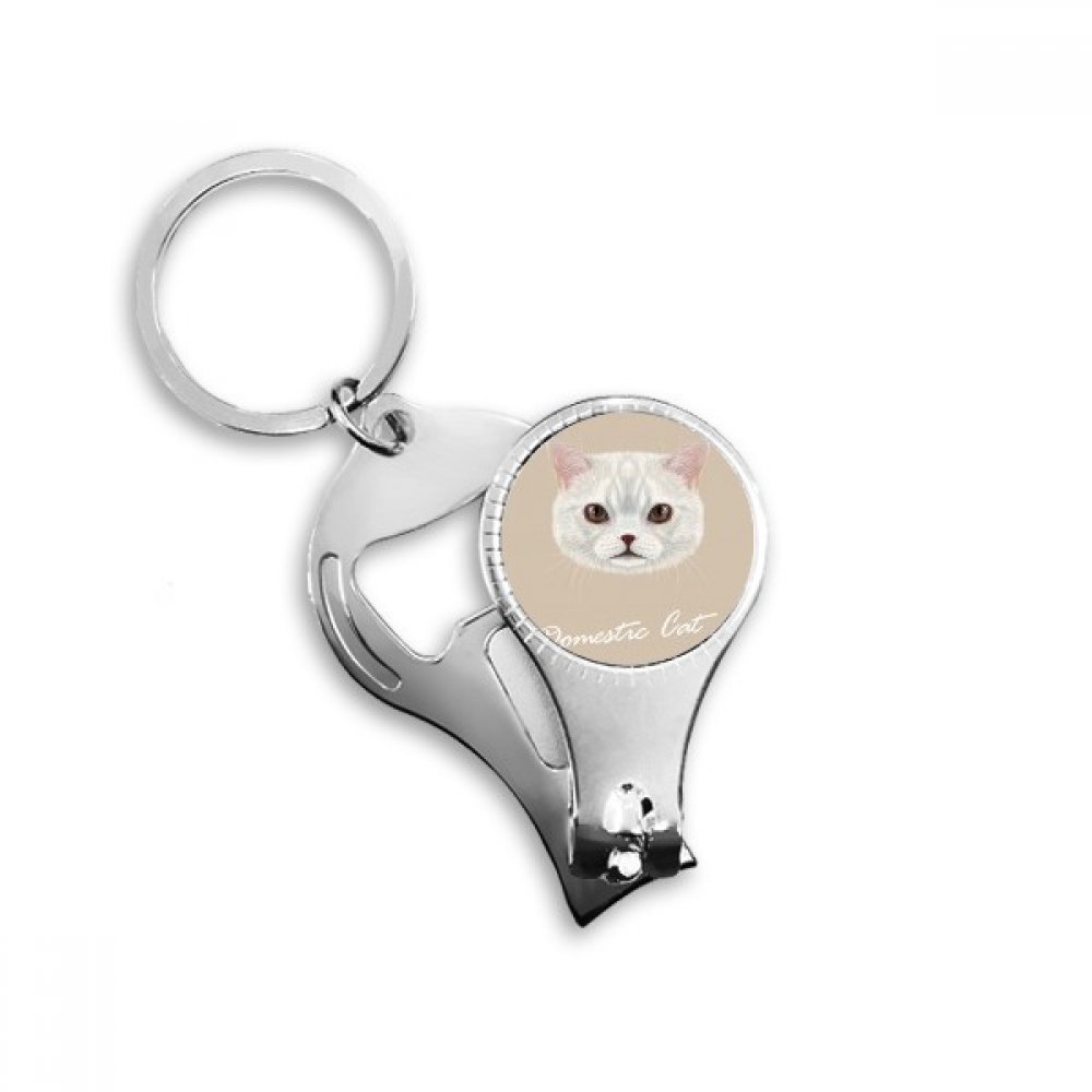 Porte-clé animal chat blanc en métal avec coupe-ongles et décapsuleur de voiture