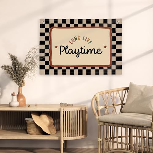 Image of XYDEG Playroom Wall Decor, Black and White Checkered Toddler Playroom Decor Hanging Linen Banner,Play Room Wall Art for Nursery Kids Boy Girl Room Bedroom, 30x20 Inch