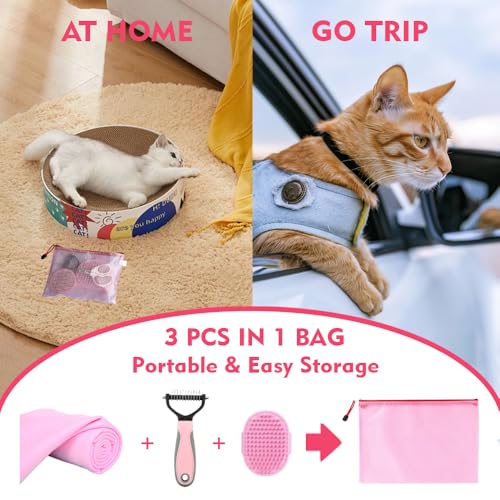 Image of Cat Brush Towel 3pcs Grooming Kit - Bath Brush for Long-Haired Cats, Cat Brush for Indoor Cats with Flea Comb, Pink