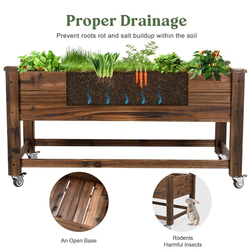 Image of OIPRTGFJ Cedar Wood Outdoor Raised Garden Bed Planter Box with Locking Wheels, 41x21x20 inch, Carbonization Color