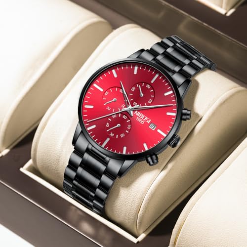 Image of NIBOSI Men's Watches Analog Minimalist Black Dial Watch for Man Business Chronograph Casual Watches Stainless Steel Strap Date
