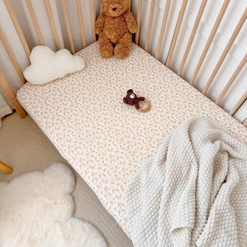 BuLuTu 100% Cotton Fitted Baby Bed Sheets Set of 2, Soft Breathable Muslin Crib Sheets for Standard Crib Mattress Toddler Mattress 52\"x28\", Machine Washable, Beige & Camellia