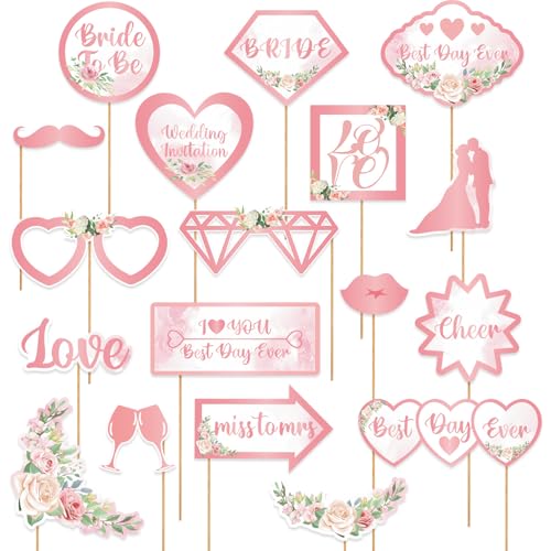 Image of Wedding Photo Booth Props, Bachelorette Party Decorations, Engagement Party Decorations in Rose Gold, Pink with Glitter 18 pcs Pre-Assembled Funny Props