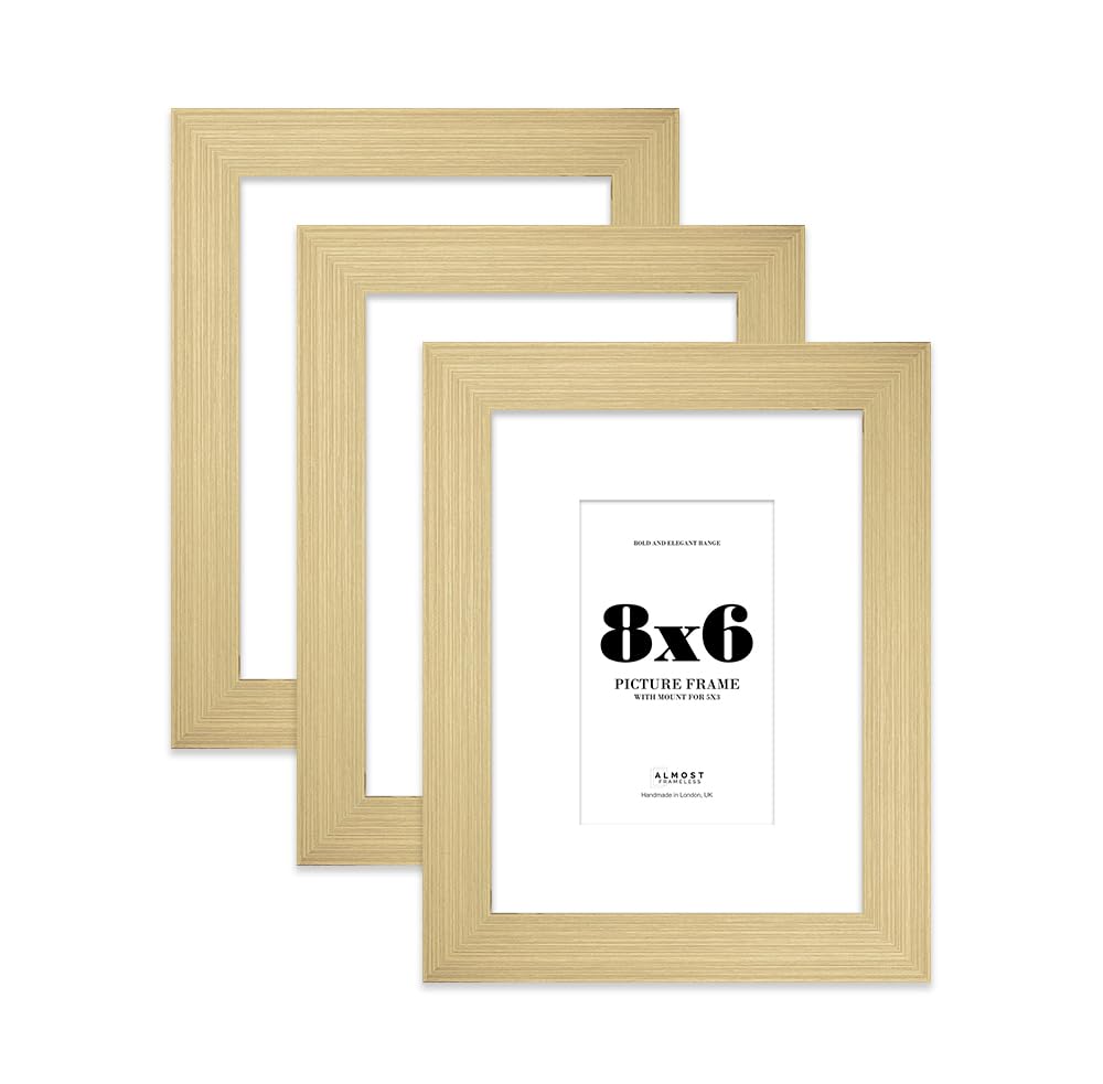 8x6" Gold Frame With Mount for 5x3" Pictures 28mm Edge Portrait and Landscape Display with Wall Hooks and Kickstand, 3 Pack
