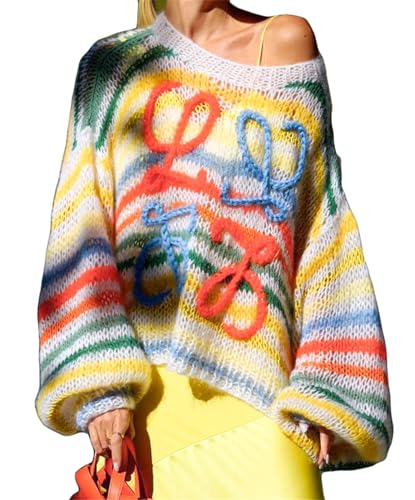 Womens Sexy Long Sleeve O Neck Knitted Stripe Printed Pulover Tops Sweater