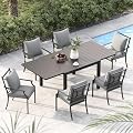 Grand patio 7-Piece Patio Dining Set for 6, 6 E-Coated Outdoor Dining Set Fixed Patio Dining Chairs with Olefin Cushions & 1 Black Extendable Rectangular Faux Woodgrain Table for 4-6 Person