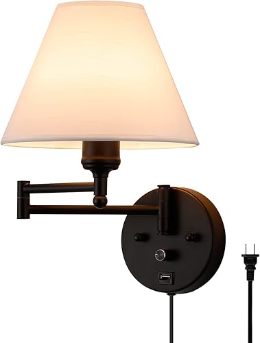 Miniatura 1 de Apliques de pared con brazo oscilante, lámpara de pared enchufable, lámpara de pared para dormitorio, pantalla de tela blanca, con interruptor