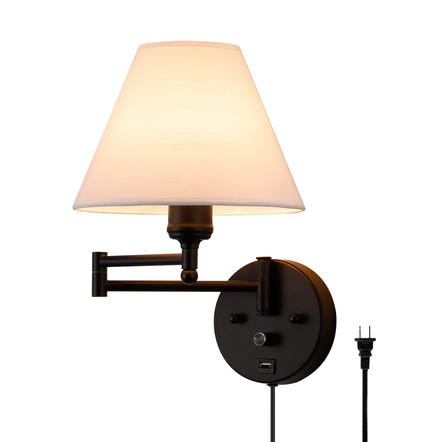 Swing Arm Wall Sconces, Plug-in Wall lamp,Bedroom Wall lamp ， White Fabric Shade，，with dimmable Switch and USB Charging Port, Suitable for Bedside, Living Room, Reading (Black)