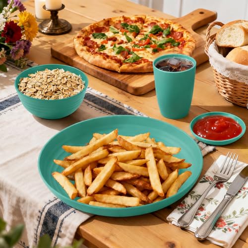 Image of Unbreakable Wheat Straw Dinnerware Set 16 PCS - Kids Plates and Bowls Set for 4,Dishwasher & Microwave Safe Lightweight Toddler Plates and Bowls Set for Party Camping Kitchen - Green