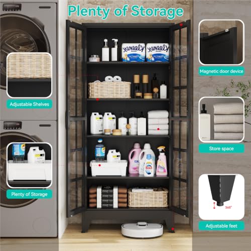 Image of Metal Storage Cabinet with Glass Doors and Adjustable Shelves