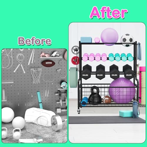 Lhysn Dumbbell Storage, Yoga Mat Weight Rack, with Wheels and Hooks, Gym Storage for Yoga Equipments, for Dumbbell, Yoga Block, Foam Roller, Workout Equipment Storage Organizer, for Home, Gym - Image 4