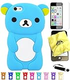 Bukit Cell ® Bundle - 4 Items: Bukit Cell ® BABY BLUE 3D Teddy Bear Soft Silicone Case for iPhone 5C, Bukit Cell ® Cleaning Cloth, Screen Protector and Metallic Stylus Touch Pen with Anti Dust Plug