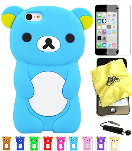 Bukit Cell ® Bundle - 4 Items: Bukit Cell ® Baby Blue 3D Teddy Bear Soft Silicone Case for iPhone 5C, Bukit Cell ® Cleaning Cloth, Screen Protector and Metallic Stylus Touch Pen with Anti Dust Plug