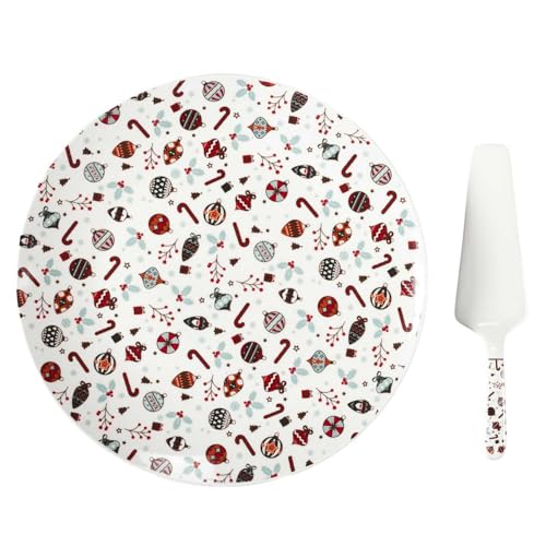 HOME DECO FACTORY, KA0393, Piatto e Pala per Torta Multicolore per Natale, Servizio da tavola in Porcellana, Ideale per i Vostri pasti Festivi, Diametro 30 cm, Multicolore