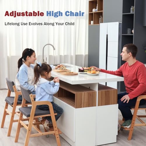 Image of Swegrow Wooden High Chair with 2 Wheels, Adjustable Seat - Backrest - Footrest Heights, Wooden High Chair for Toddlers - Kids and Baby, Kids Dining Chair with Removable Cushion(Gray)