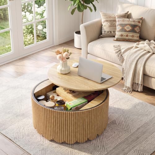 Image of Round Lift Top Coffee Table with Storage,Fluted Circle Coffee Table,Natural
