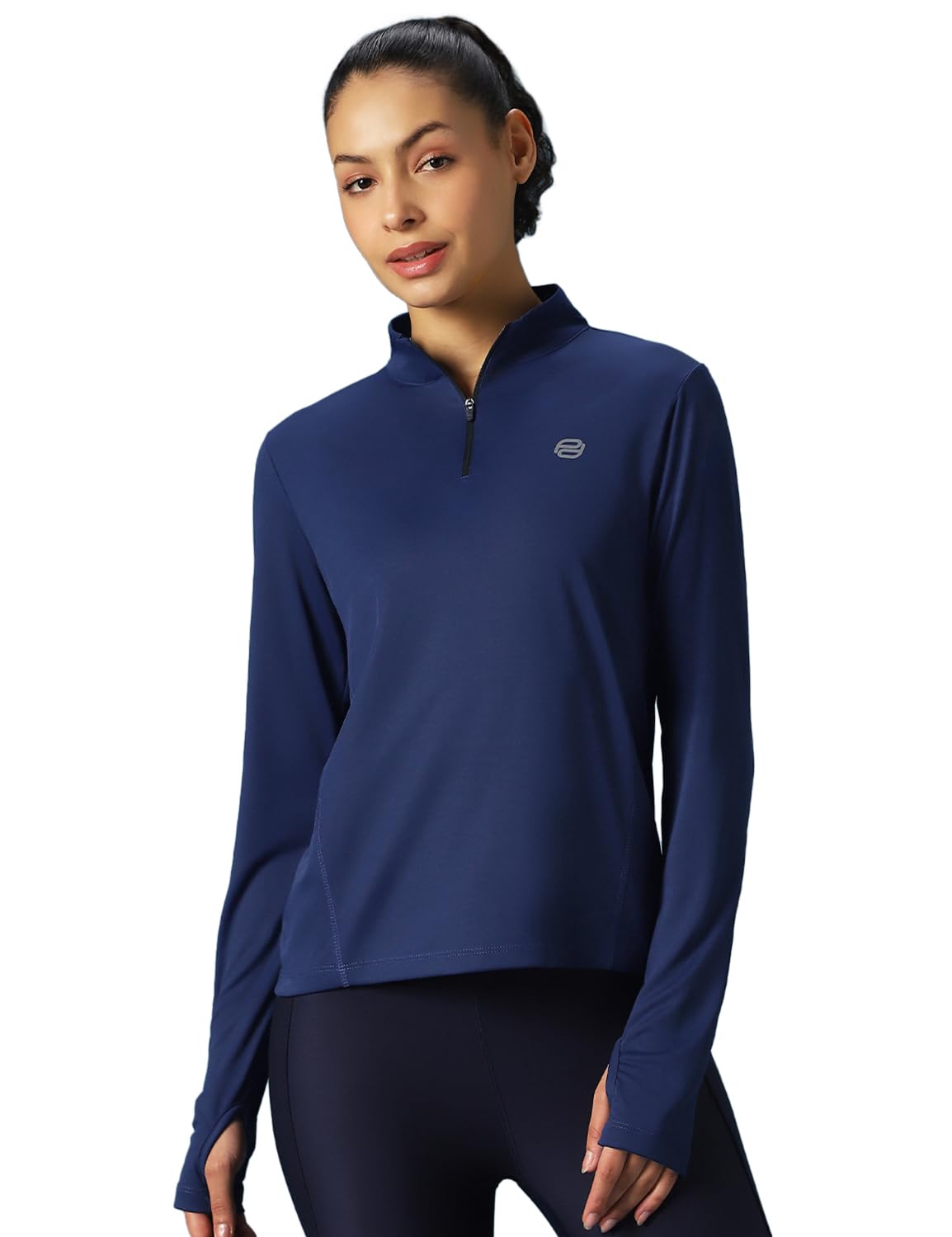 PUMP'D Maglietta da donna a maniche lunghe, apertura con foro per il pollice, maglietta sportiva per abbigliamento casual, collo alto, maniche lunghe, chiusura a mezza cerniera