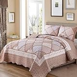 VIVILINEN Queen Size Quilt Set 3-Piece Light Pink Floral Patchwork Reversible Quilted Bedspread Coverlet Set Lightweight Comforter Bedding Set Bed Sheet Set Cover Blanket with 2 Pillow Shams