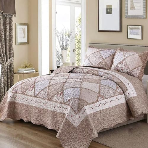 VIVILINEN Queen Size Quilt Set 3-Piece Light Pink Floral Patchwork Reversible Quilted Bedspread Coverlet Set Lightweight Comforter Bedding Set Bed Sheet Set Cover Blanket with 2 Pillow Shams