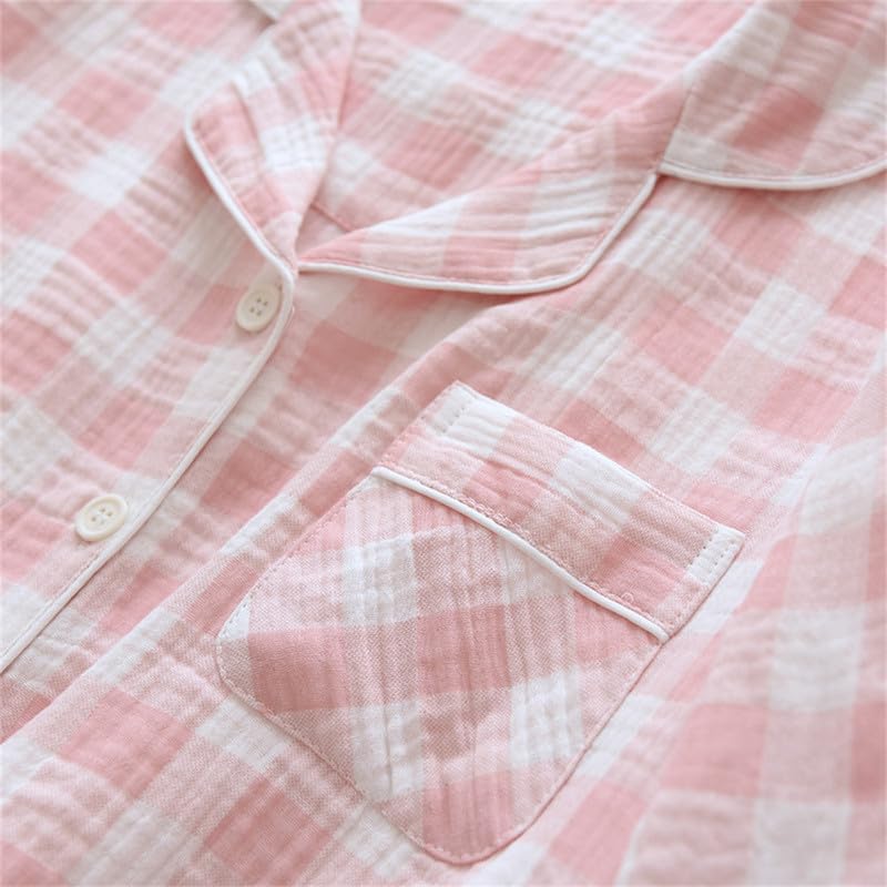 Shanghai Story Double Gauze Notch Collar Check Print Pajamas Long Sleeve Sleepwear Button Down Pj Set4