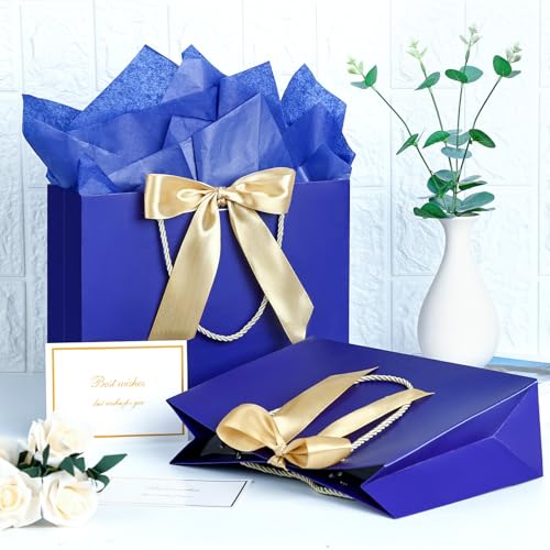 Image of JMANNI Gift Bags with Handles, 13 inch Medium Gift Bag for Presents, 1 Pcs Bags with 2 Tissue Paper and 1 Cards for Baby Shower Wedding Bridal Shower Mother's Day Birthday Party(Blue)